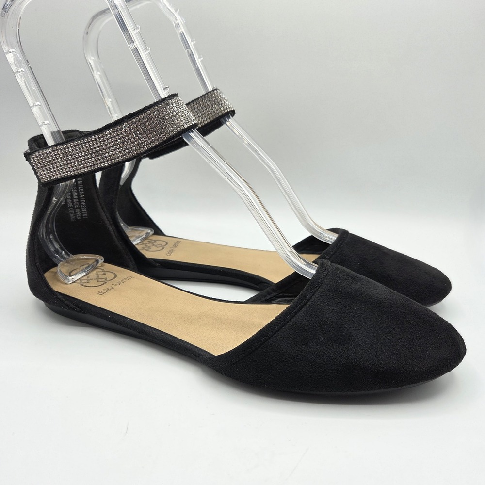Daisy Fuentes Lena Flats Black Rhinestone Ankle Strap D'Orsay Glamour Whimsigoth